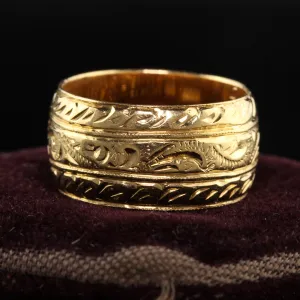 Vintage Estate English 18K Yellow Gold Engraved Wide Wedding Band