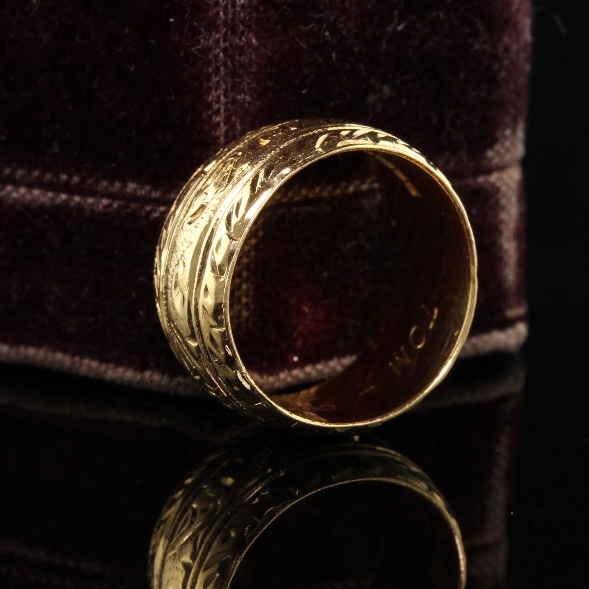 Vintage Estate English 18K Yellow Gold Engraved Wide Wedding Band