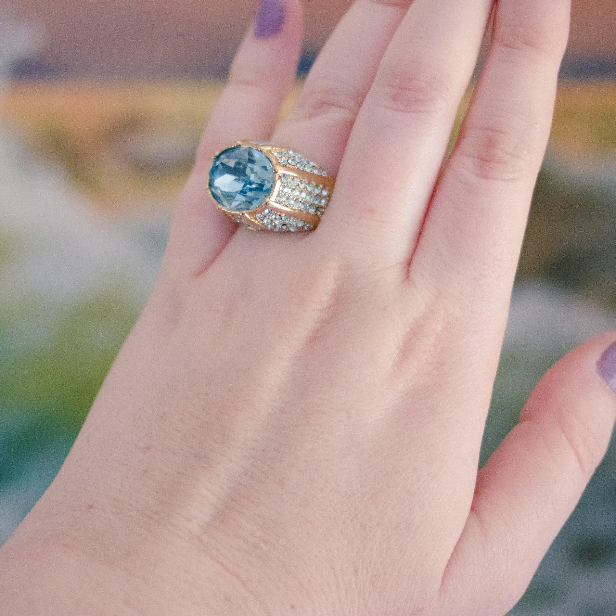 Vintage Kenneth Jay Lane Blue Crystal and Pave Statement Ring