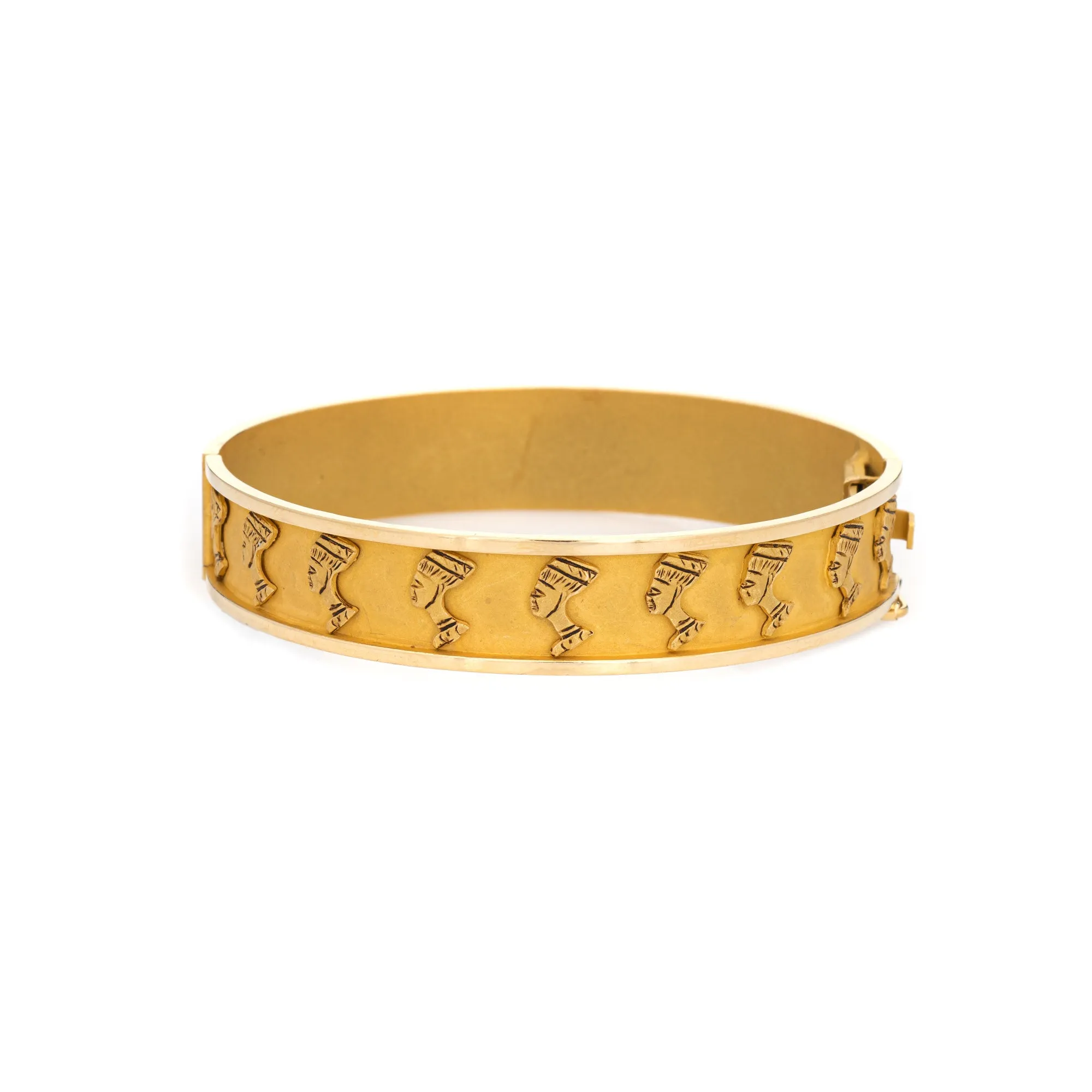 Vintage Nefertiti Bracelet 18k Yellow Gold Egyptian Jewelry 7" Bangle Estate
