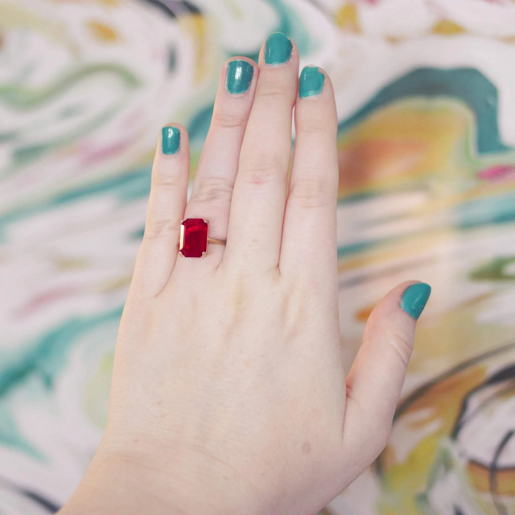 Vintage Red Emerald Cut Crystal Cocktail Statement Ring