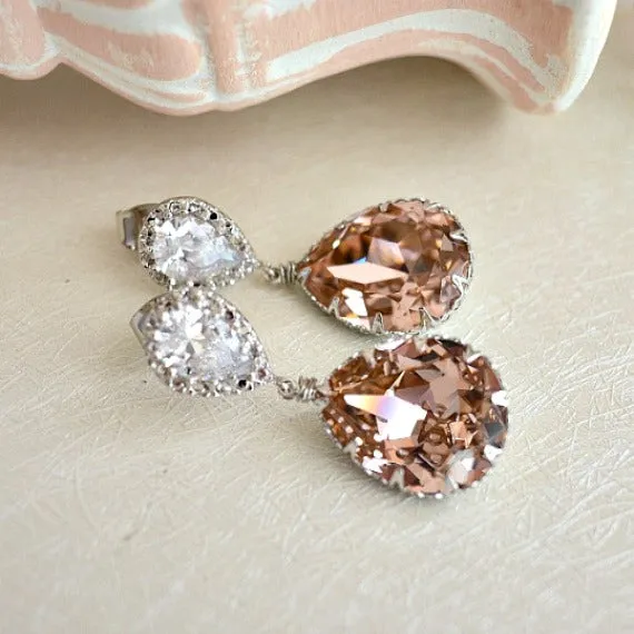 Vintage Rose Swarovski Crystal Teardrop Bridal Earrings, Blush Crystal Drop Wedding Earrings. Bridemaids Jewelry. Blush Bridal Wedding.