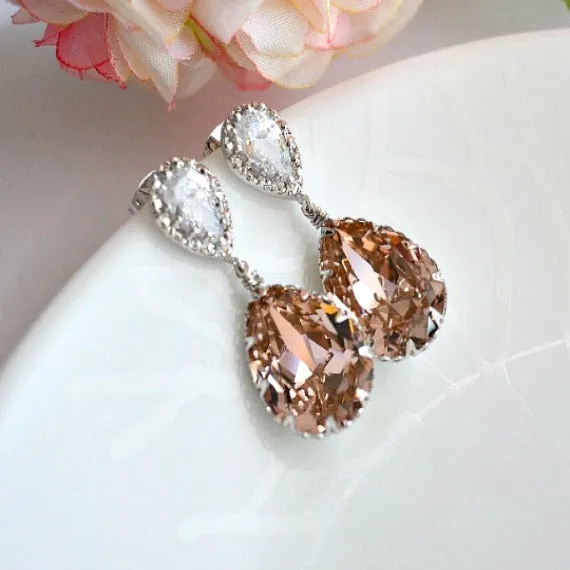 Vintage Rose Swarovski Crystal Teardrop Bridal Earrings, Blush Crystal Drop Wedding Earrings. Bridemaids Jewelry. Blush Bridal Wedding.