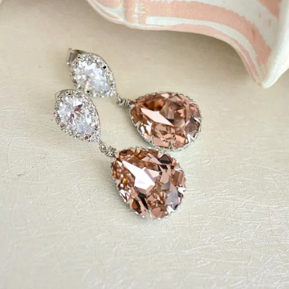 Vintage Rose Swarovski Crystal Teardrop Bridal Earrings, Blush Crystal Drop Wedding Earrings. Bridemaids Jewelry. Blush Bridal Wedding.