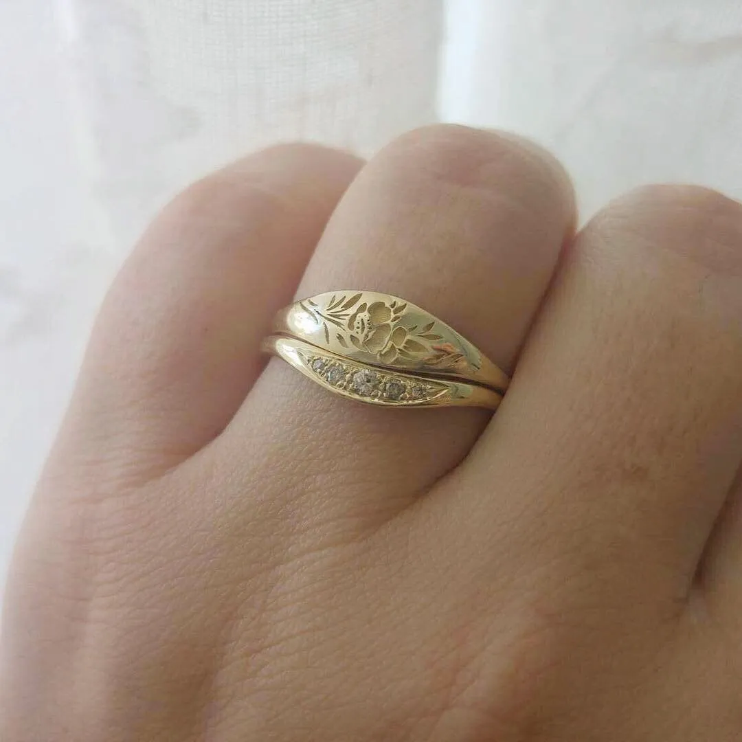 Vintage style diamond ring, unique cognac diamond wedding ring, 14k gold and diamonds wedding band