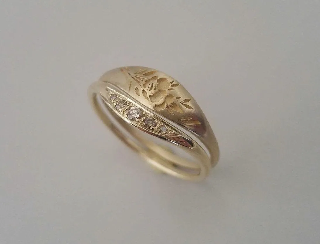 Vintage style engagement and wedding rings, Cognac diamonds engagement ring, unique engagement and wedding ring set, 14k floral wedding ring