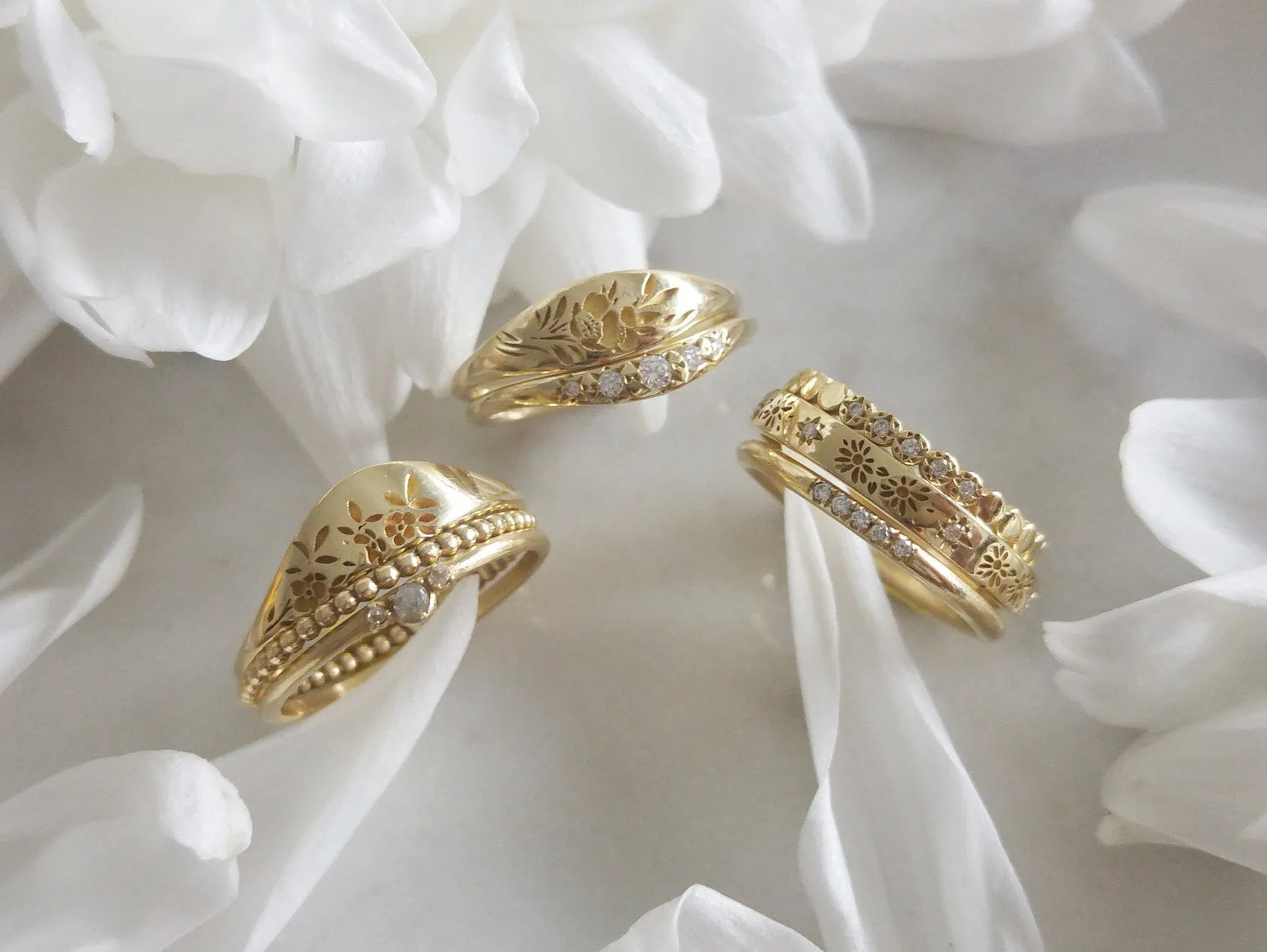 Vintage style engagement and wedding rings, unique diamond wedding ring set, unique engagement and wedding ring set, 14k floral wedding ring