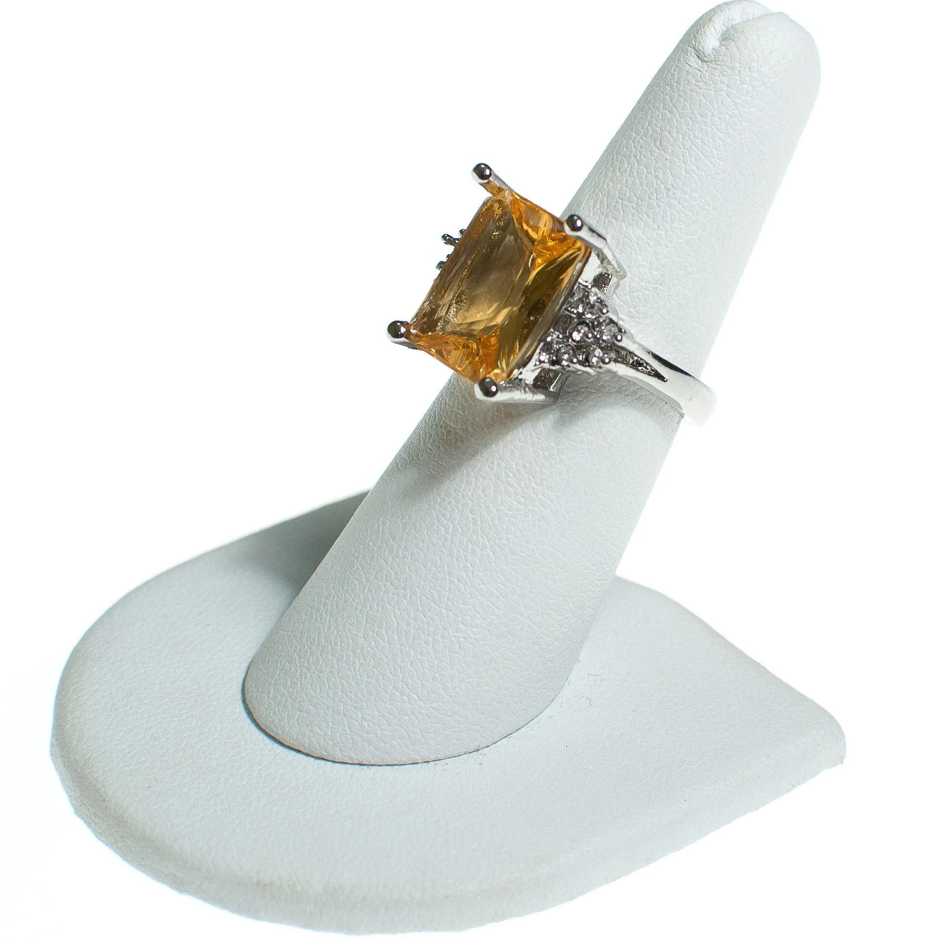 Vintage Yellow Citrine Emerald Cut Cocktail Ring with Diamante Accents