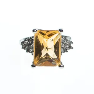 Vintage Yellow Citrine Emerald Cut Cocktail Ring with Diamante Accents