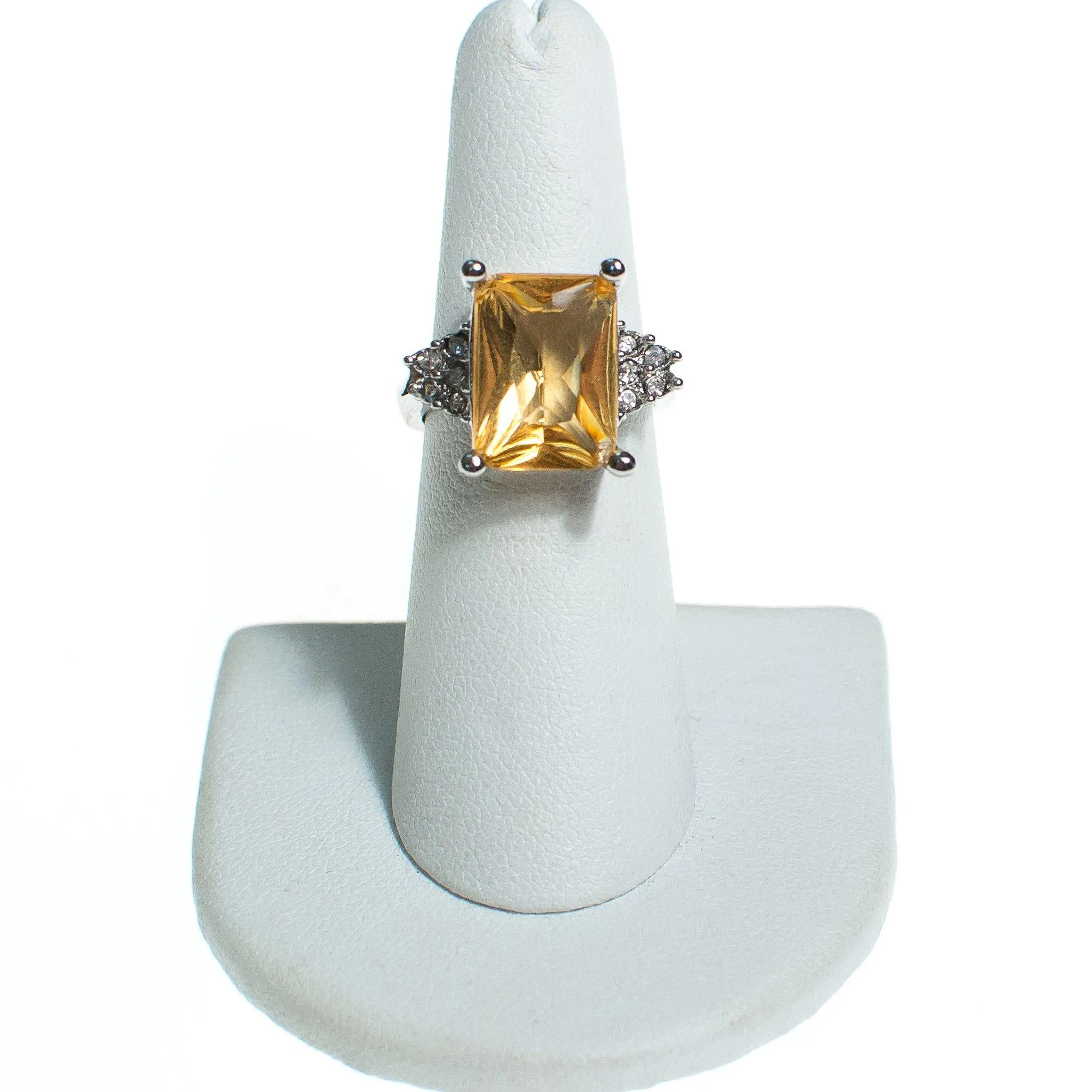 Vintage Yellow Citrine Emerald Cut Cocktail Ring with Diamante Accents