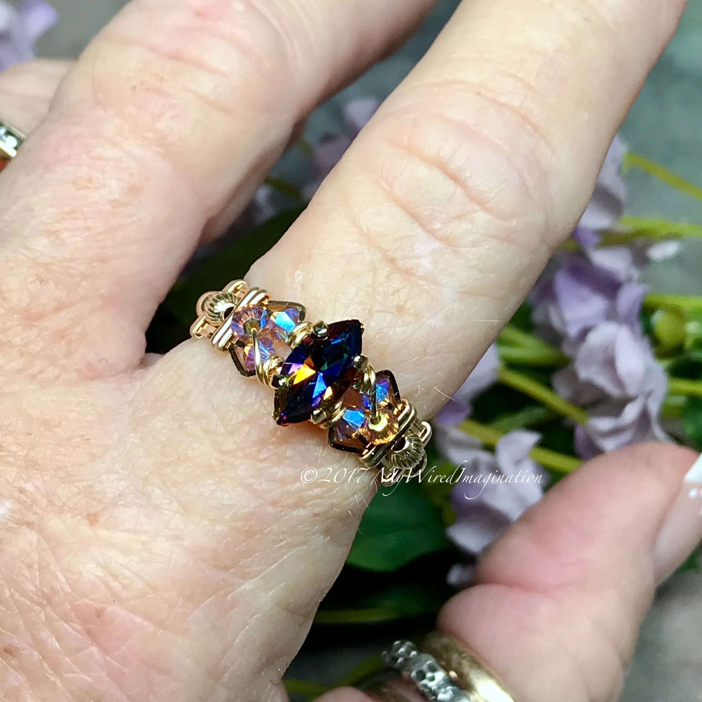 Vitrail Dark Vintage Swarovski Crystal Handmade Ring 14K GF US Size 9