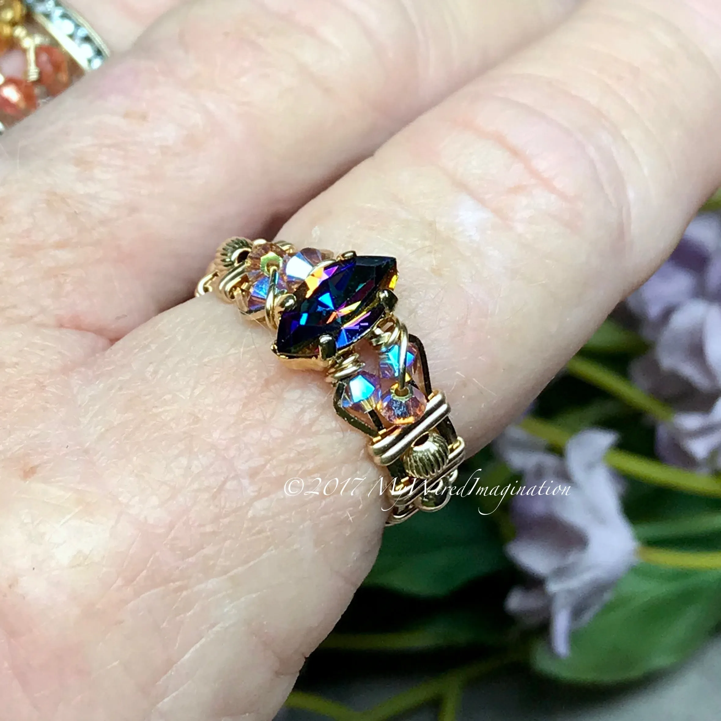 Vitrail Dark Vintage Swarovski Crystal Handmade Ring 14K GF US Size 9