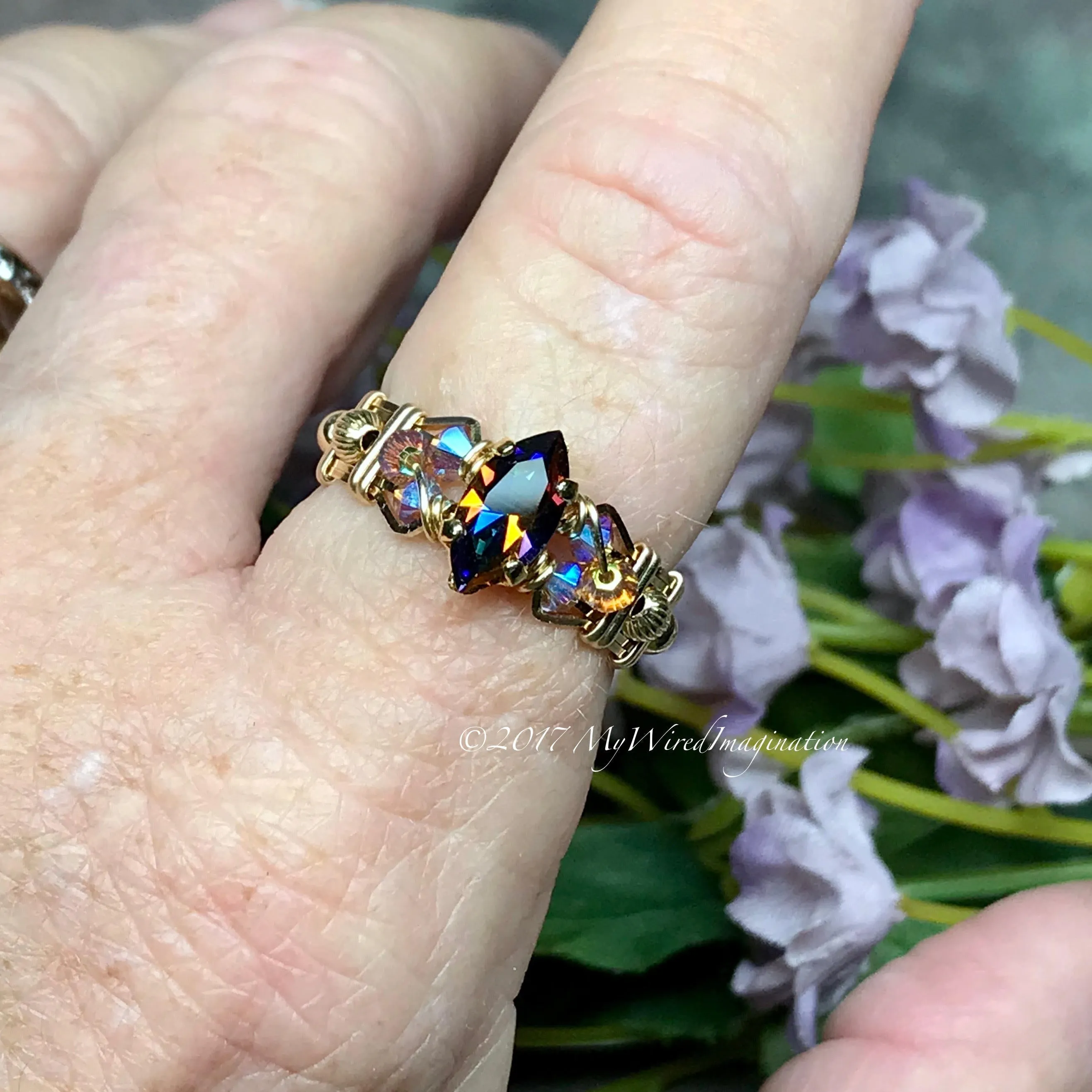Vitrail Dark Vintage Swarovski Crystal Handmade Ring 14K GF US Size 9