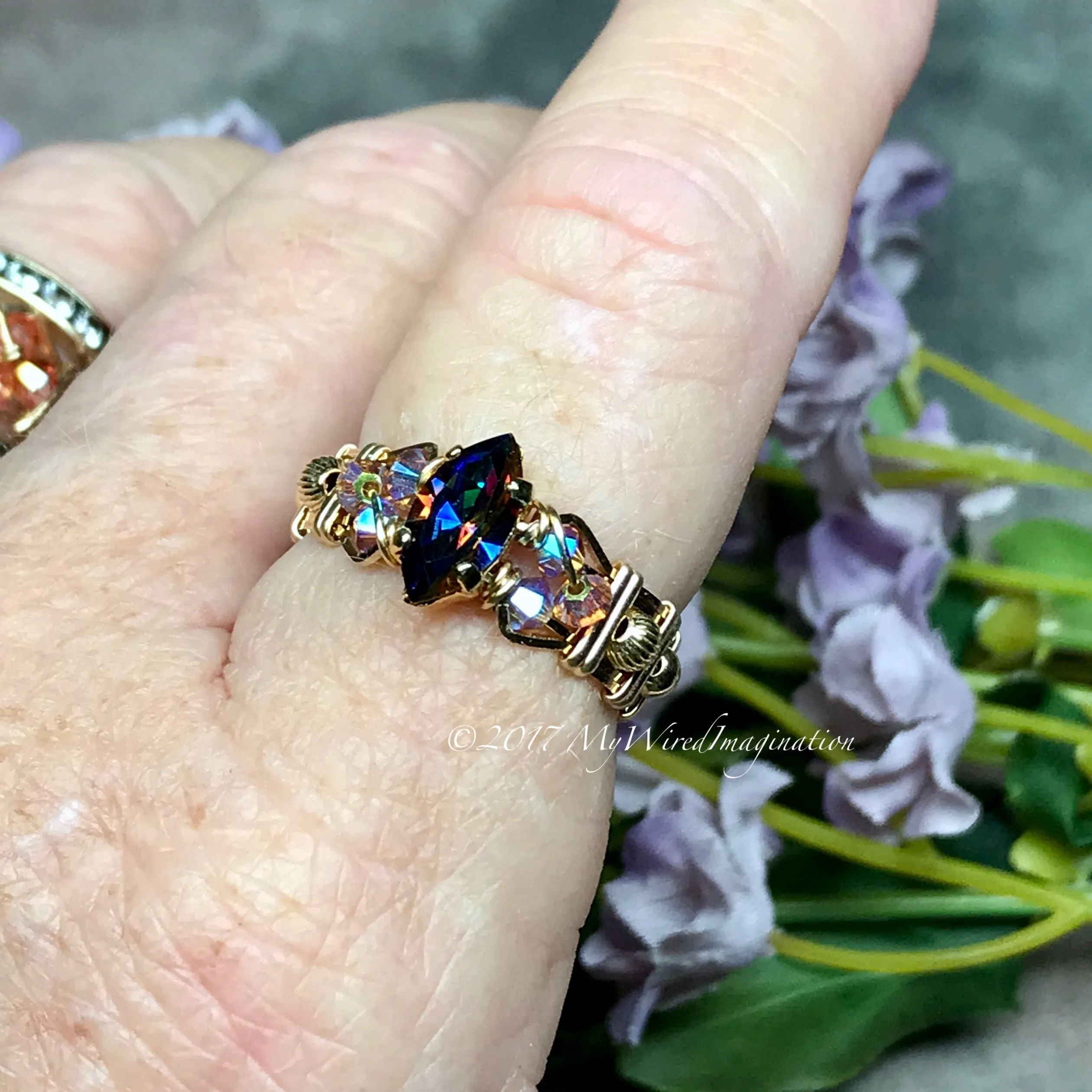 Vitrail Dark Vintage Swarovski Crystal Handmade Ring 14K GF US Size 9