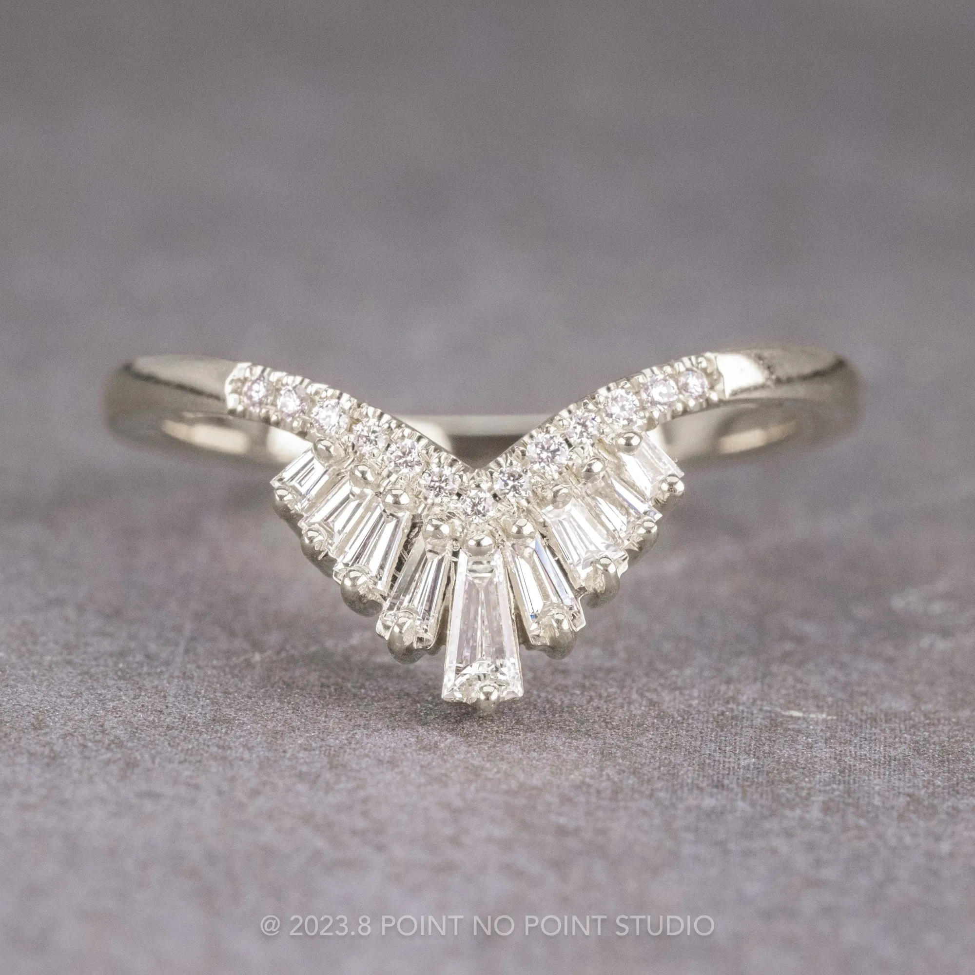 White Baguette Diamond V-Shaped Wedding Band, Margot Setting, Platinum