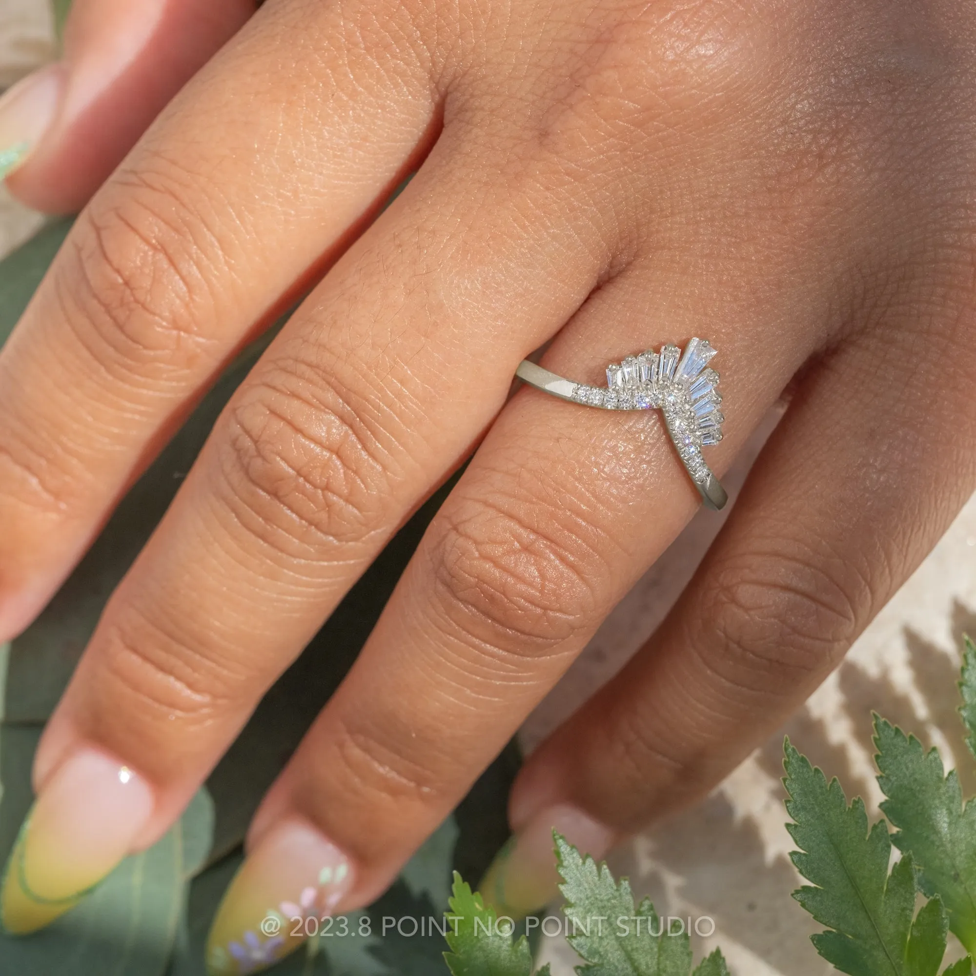 White Baguette Diamond V-Shaped Wedding Band, Margot Setting, Platinum