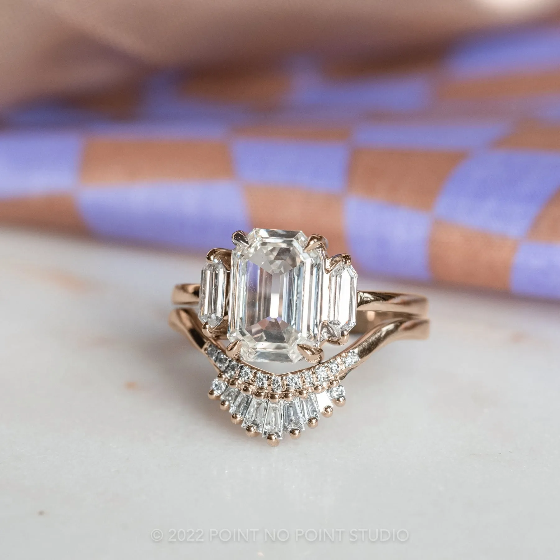 White Baguette Diamond Wedding Band, Margot Setting, 14k Rose Gold