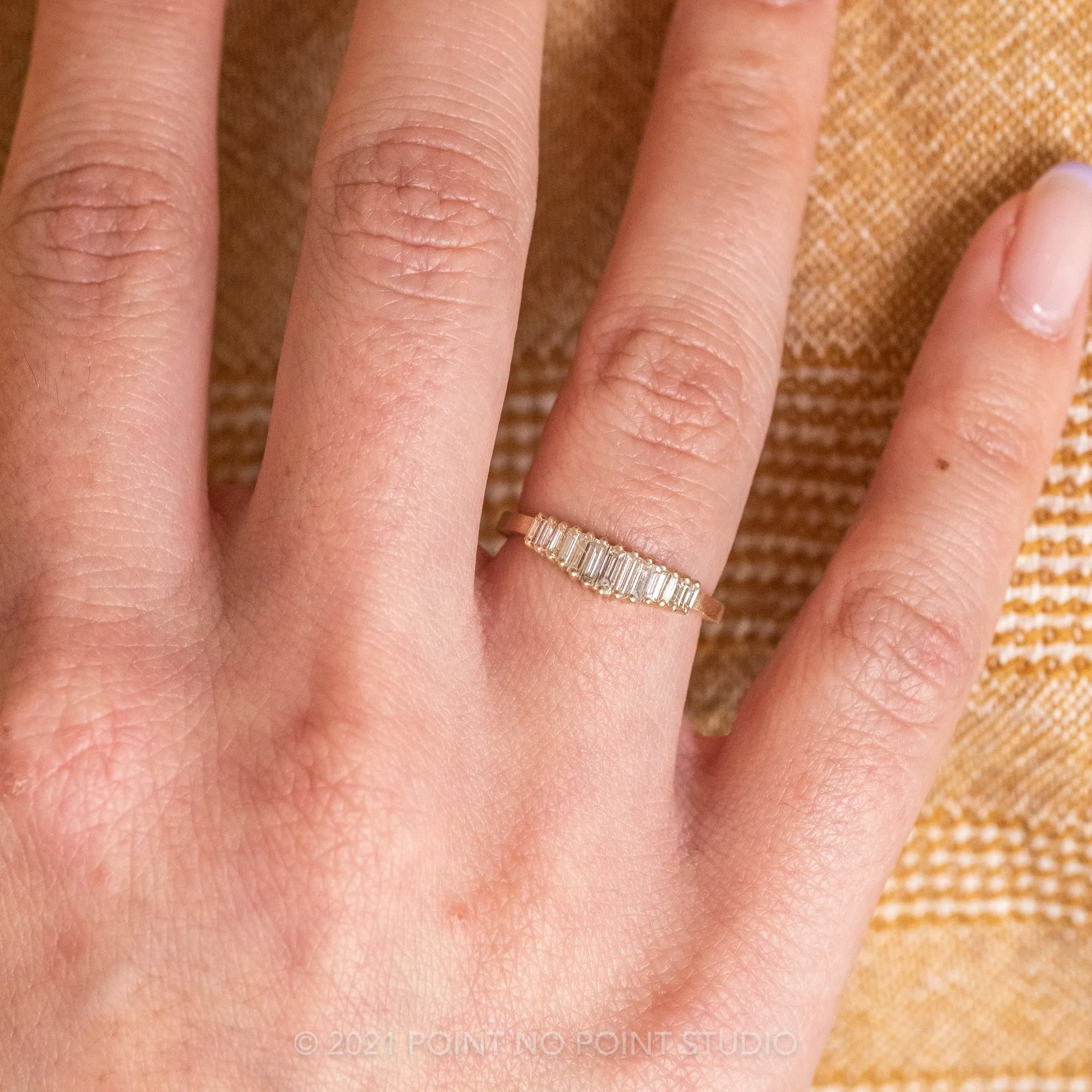 White Baguette Sparrow Diamond Wedding Band, 14k Yellow Gold