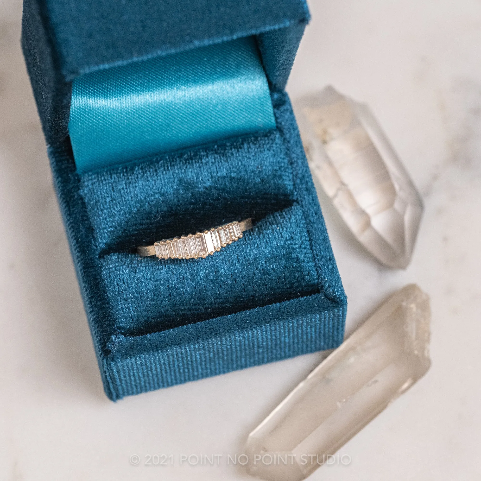 White Baguette Sparrow Diamond Wedding Band, 14k Yellow Gold