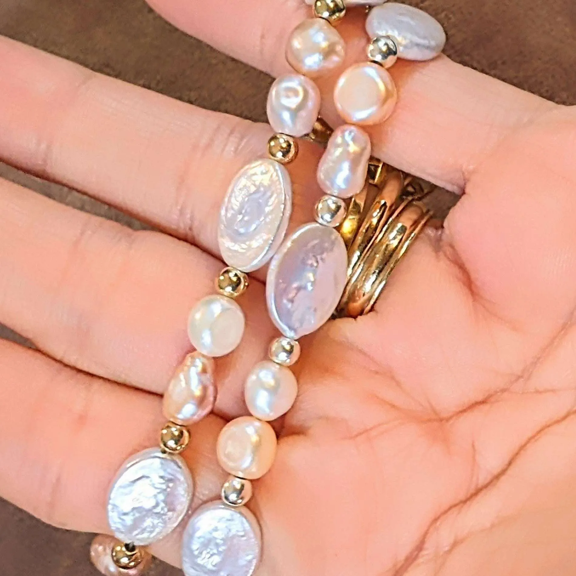 White Champagne Baroque Freshwater Pearl Bracelet - Gold or Silver