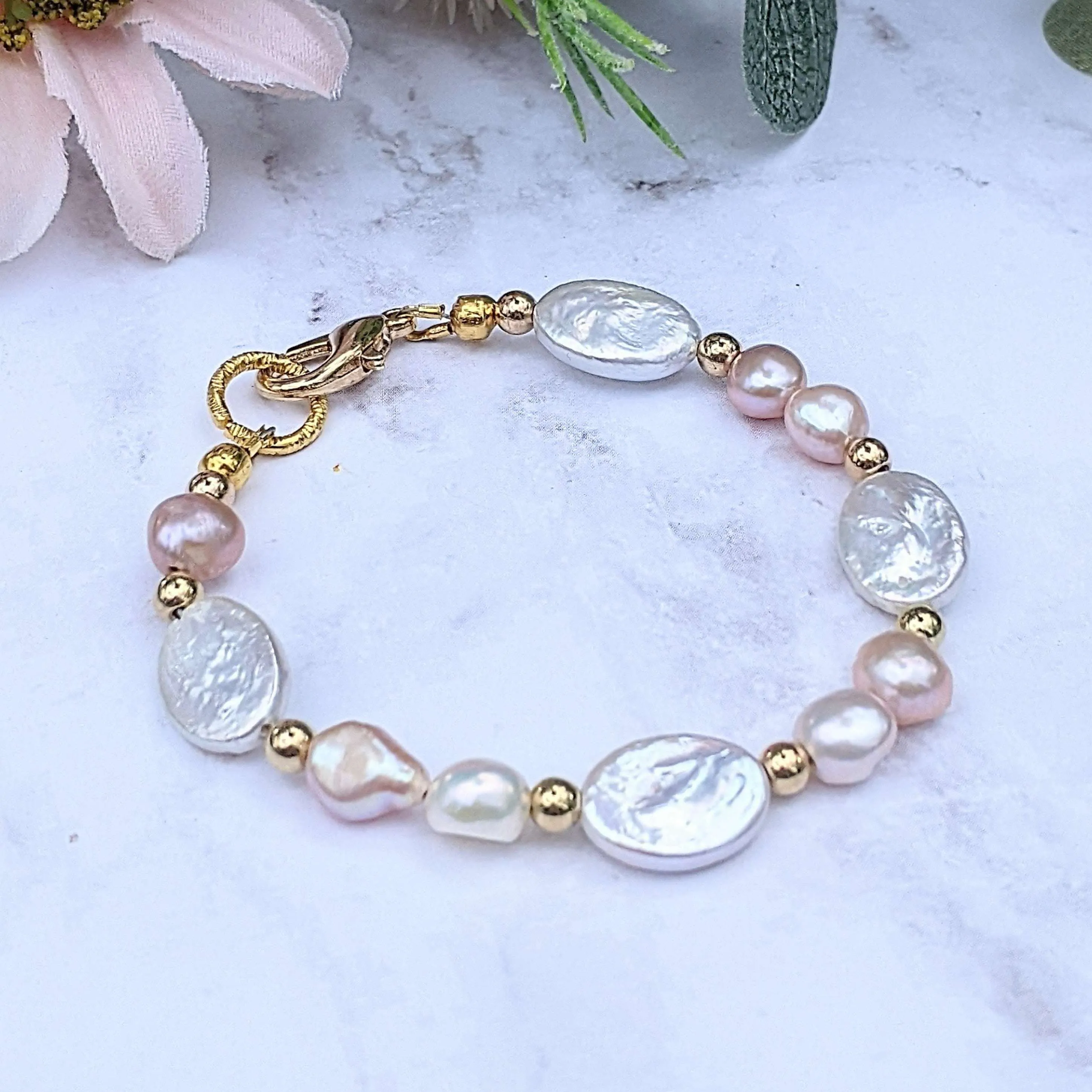 White Champagne Baroque Freshwater Pearl Bracelet - Gold or Silver