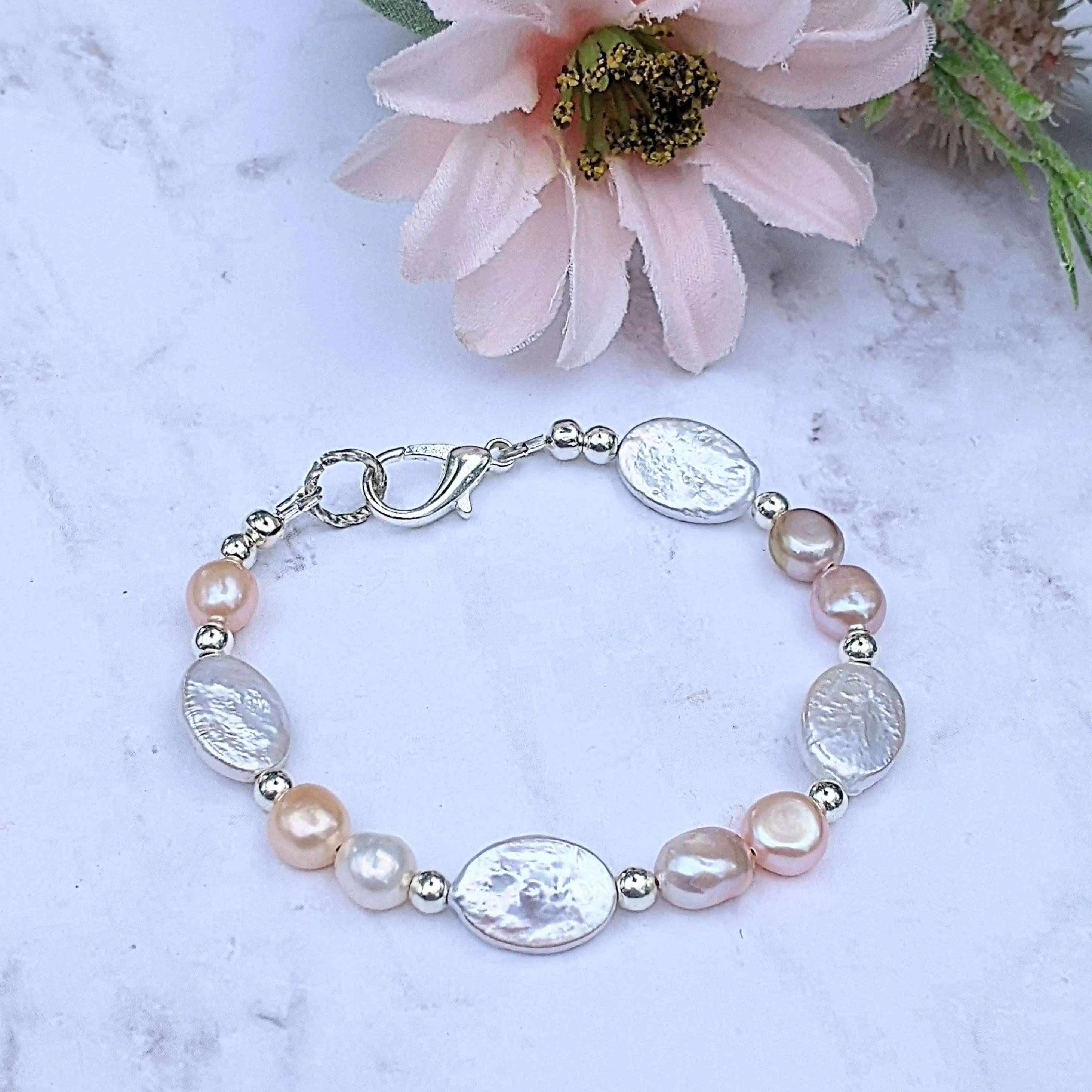 White Champagne Baroque Freshwater Pearl Bracelet - Gold or Silver
