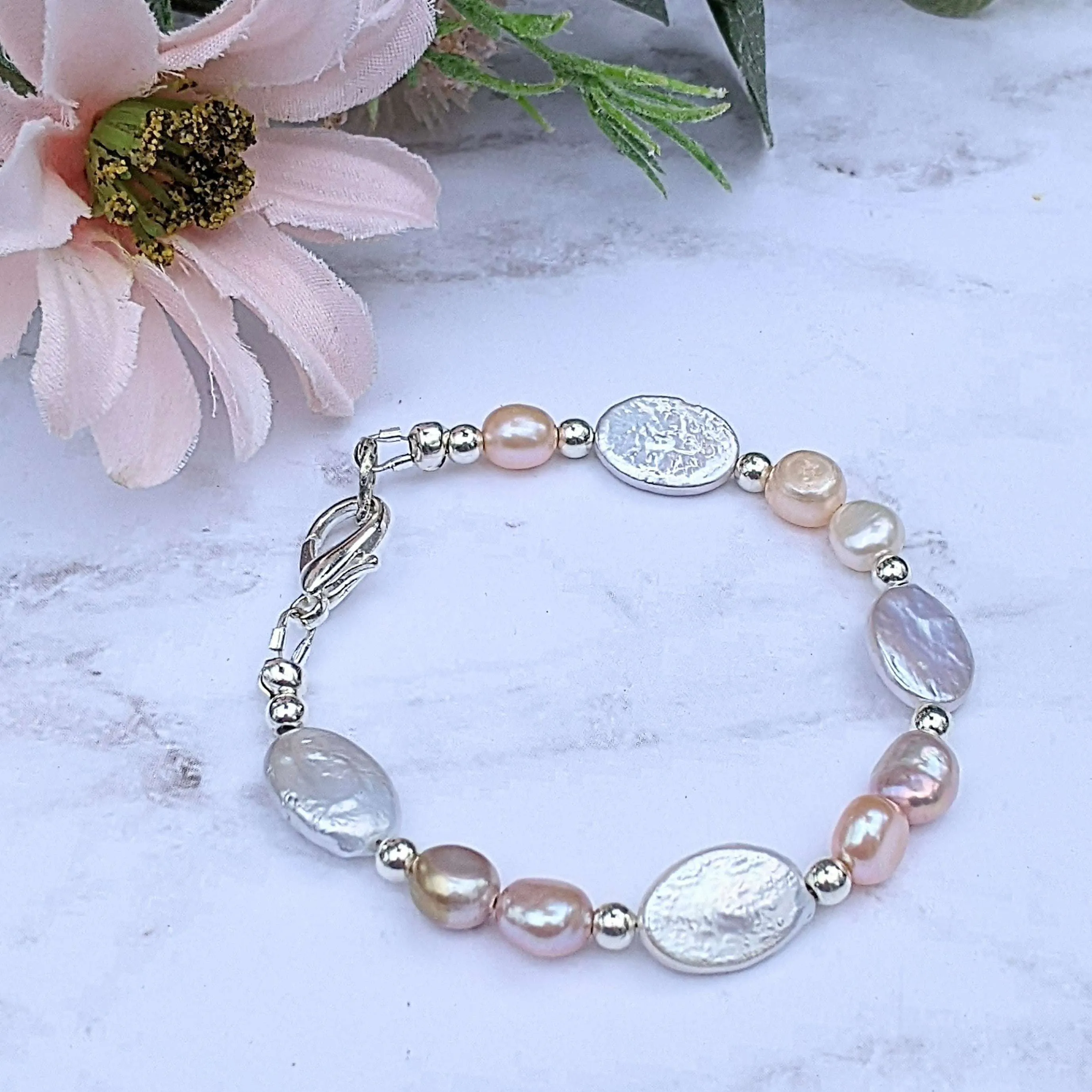 White Champagne Baroque Freshwater Pearl Bracelet - Gold or Silver