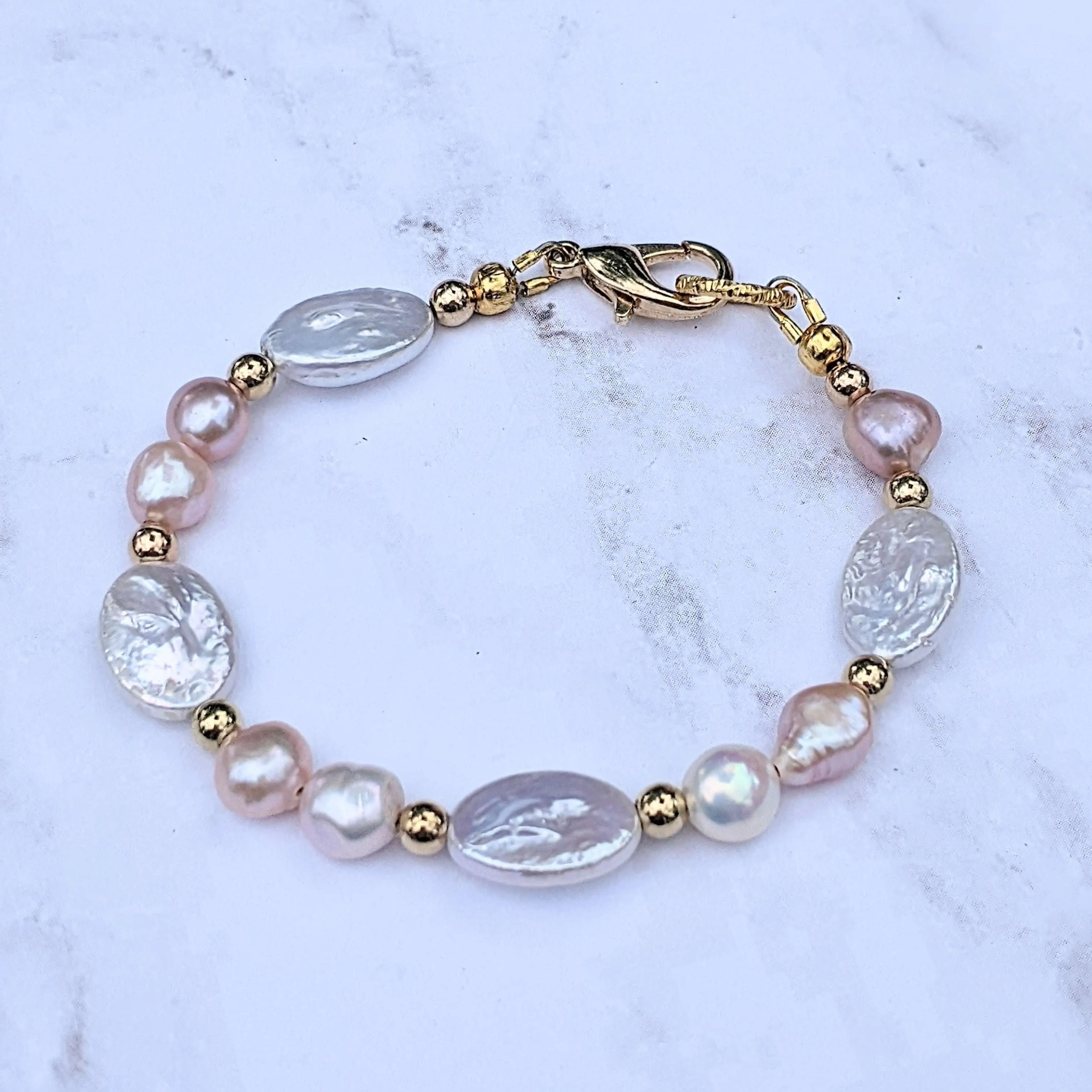 White Champagne Baroque Freshwater Pearl Bracelet - Gold or Silver