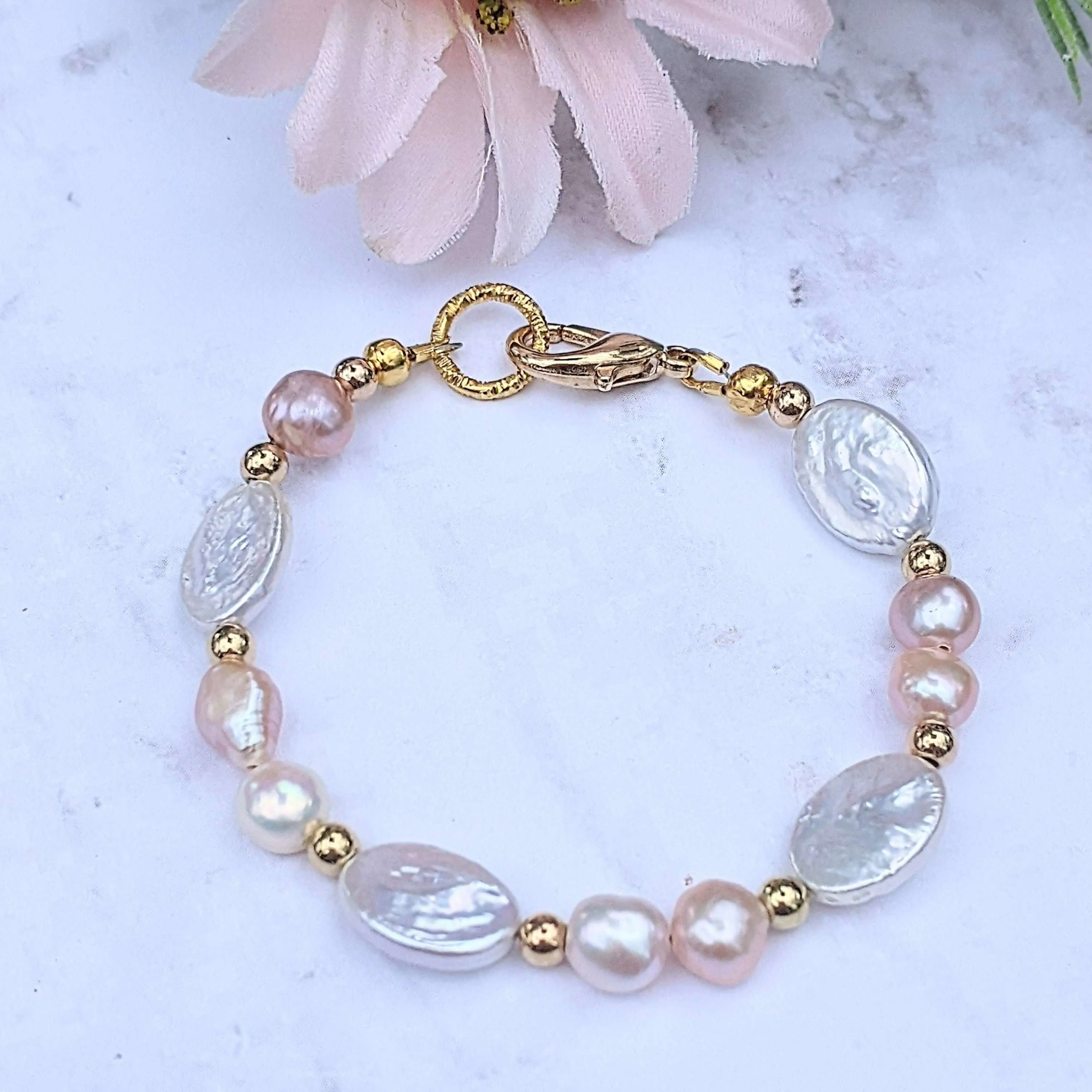 White Champagne Baroque Freshwater Pearl Bracelet - Gold or Silver