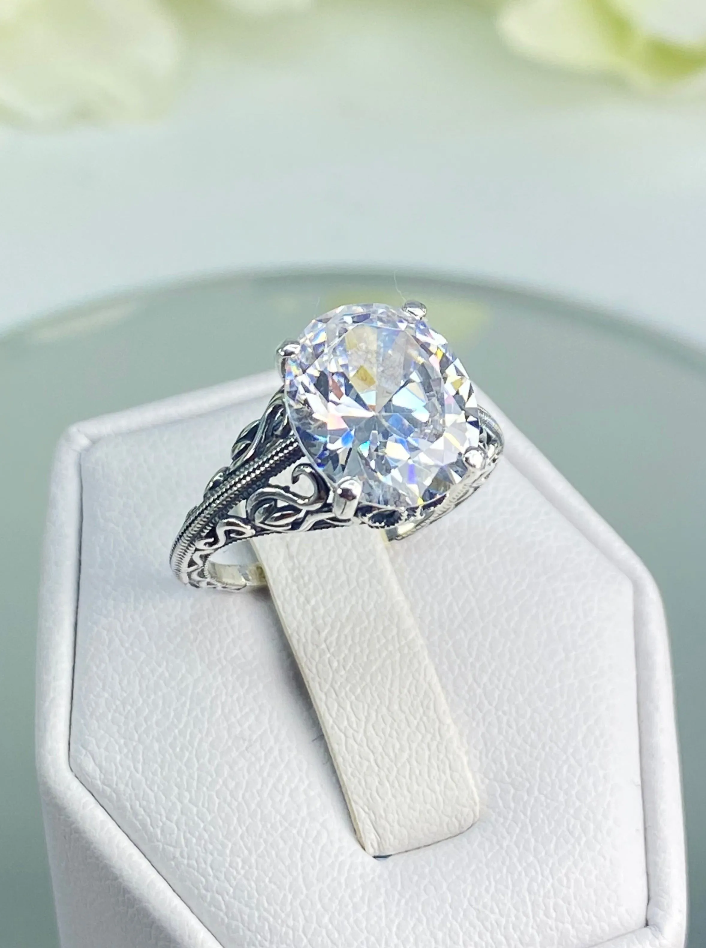 White CZ Ring, Swan Filigree, Art Deco Jewelry #D190