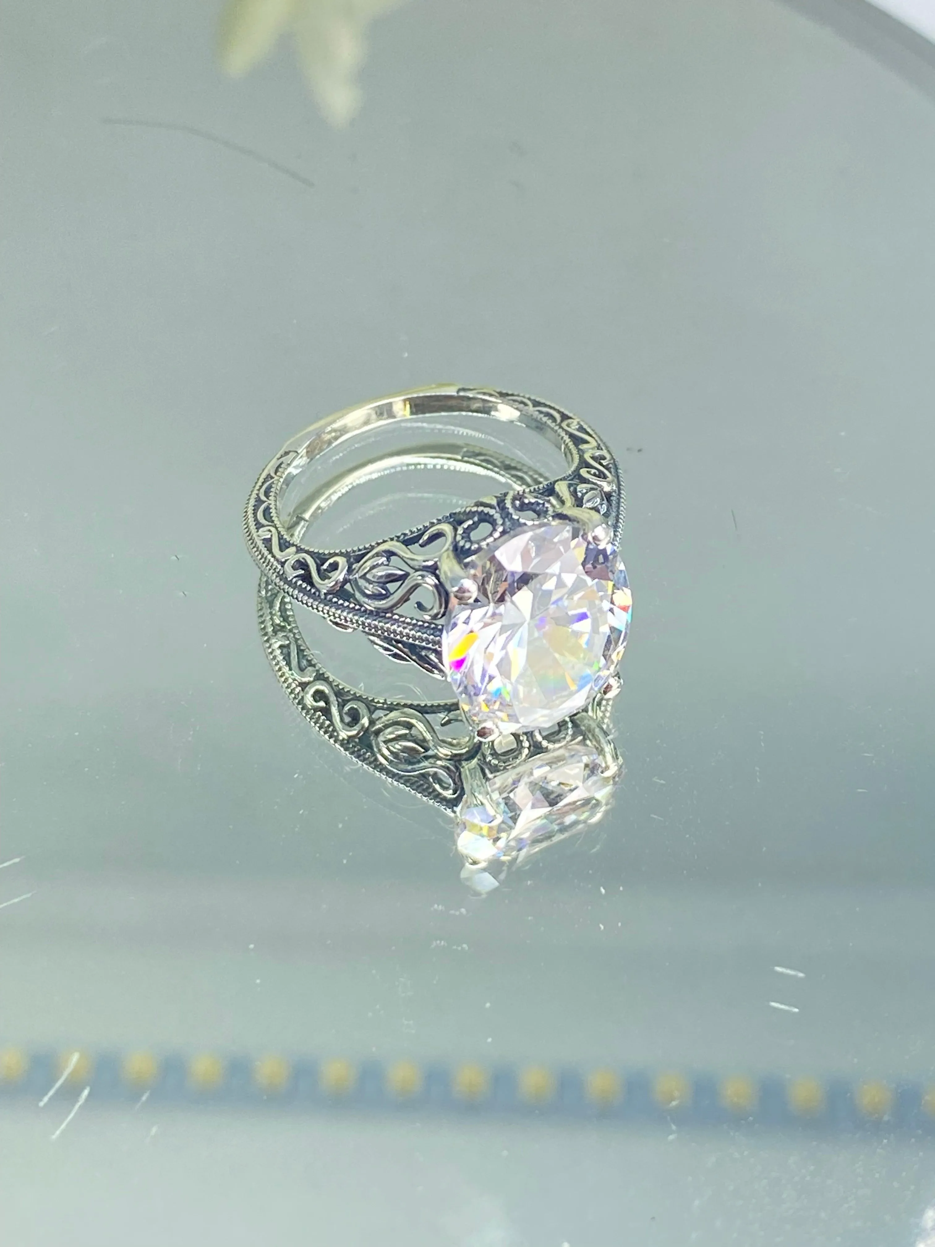 White CZ Ring, Swan Filigree, Art Deco Jewelry #D190