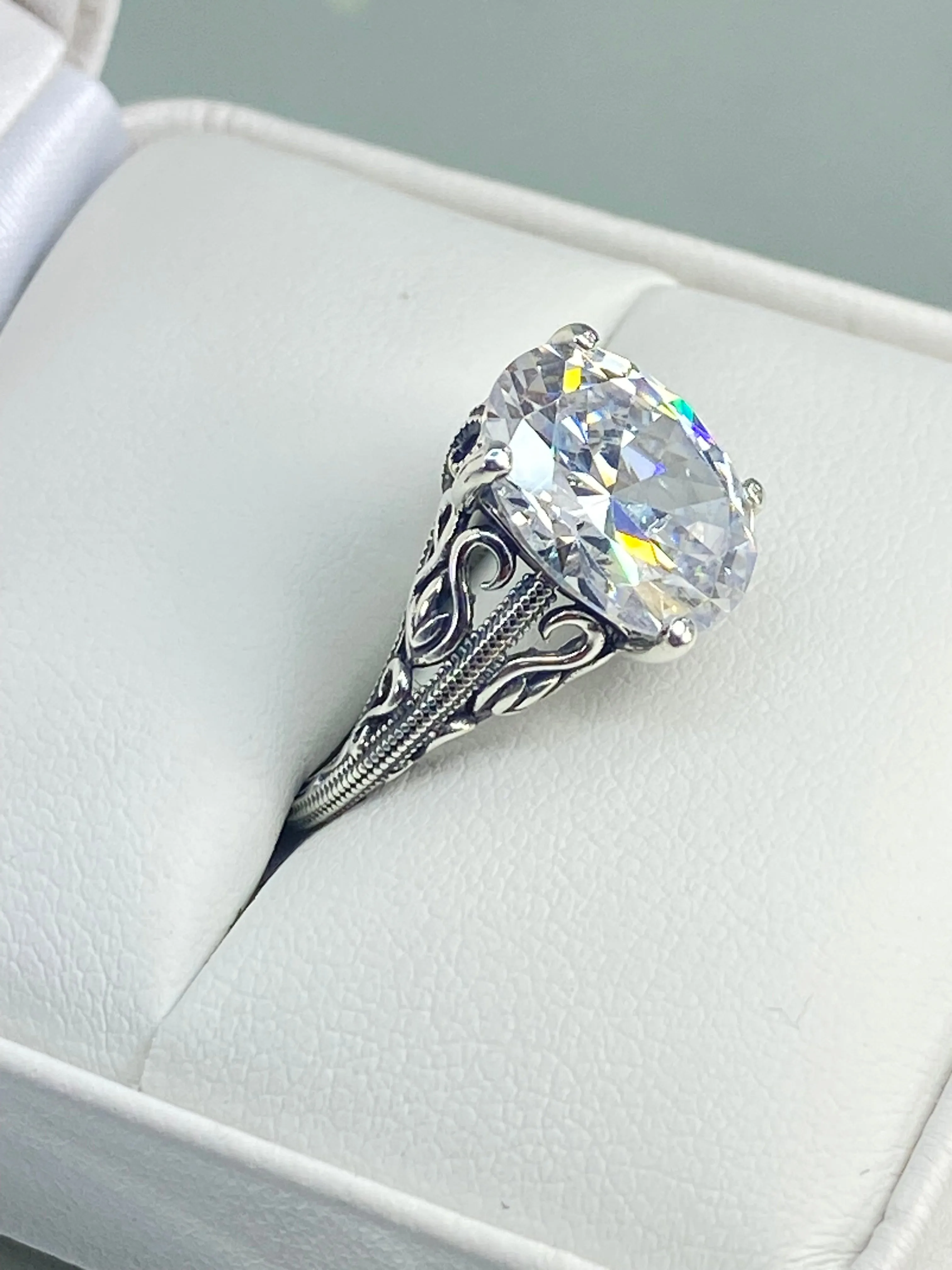 White CZ Ring, Swan Filigree, Art Deco Jewelry #D190