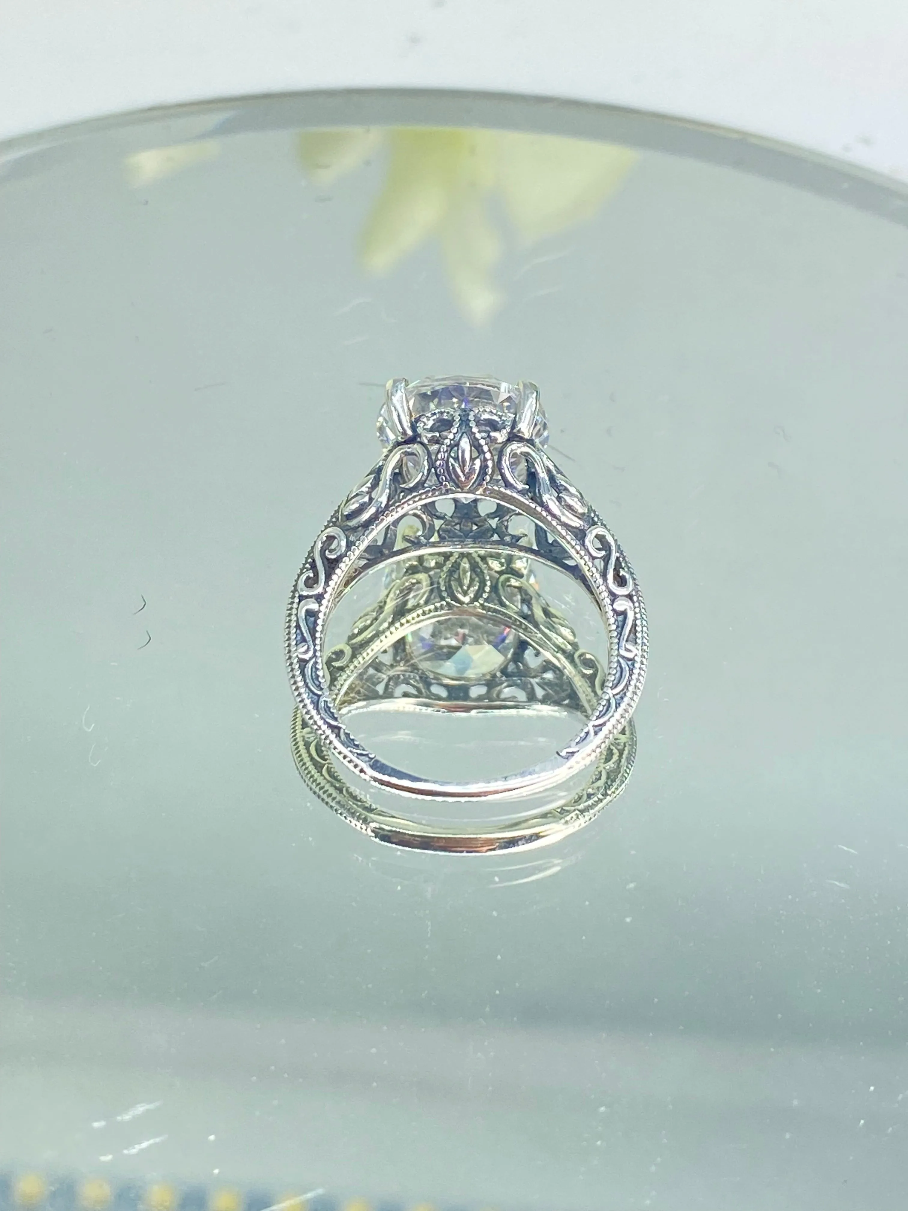 White CZ Ring, Swan Filigree, Art Deco Jewelry #D190