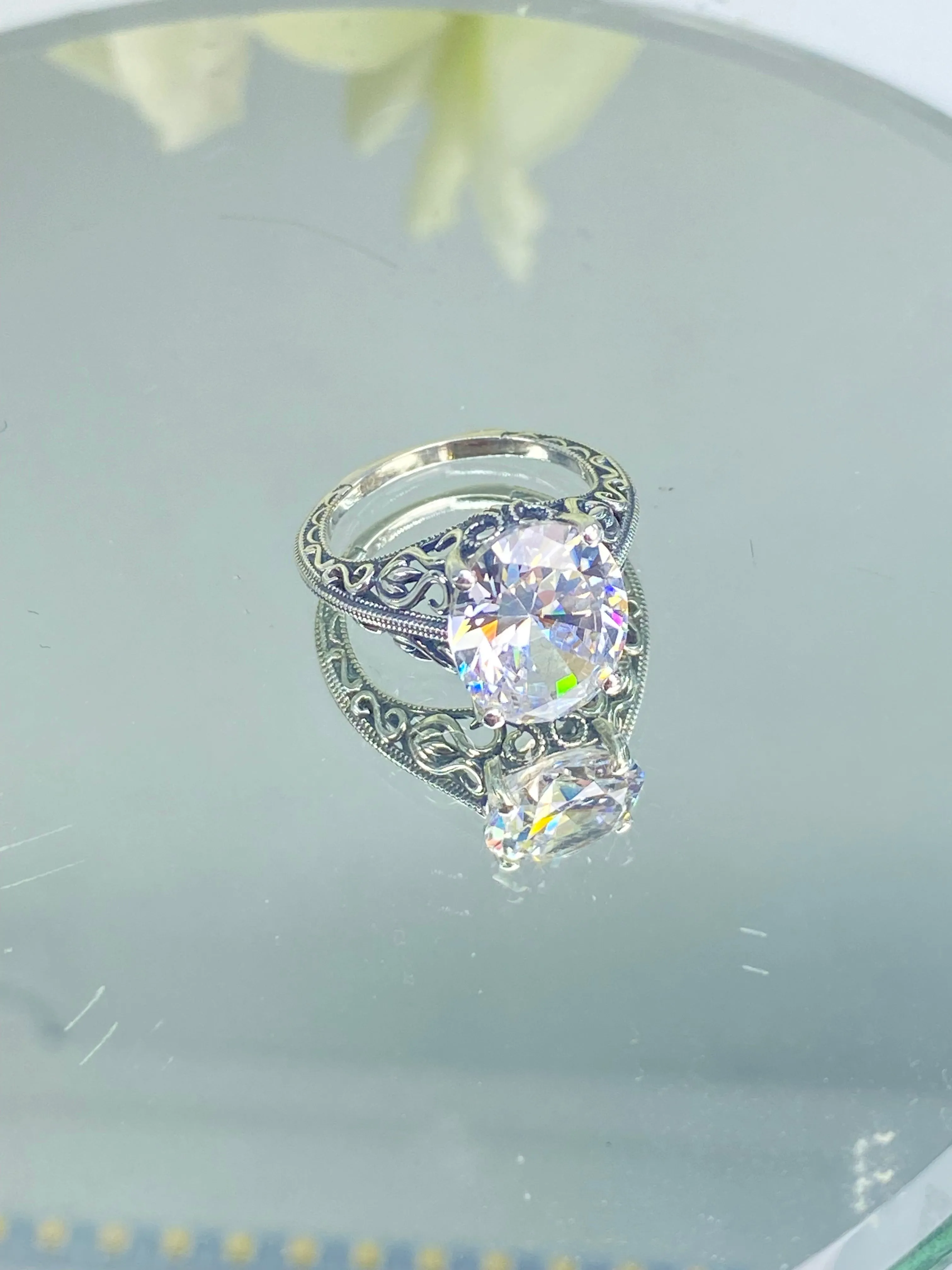 White CZ Ring, Swan Filigree, Art Deco Jewelry #D190