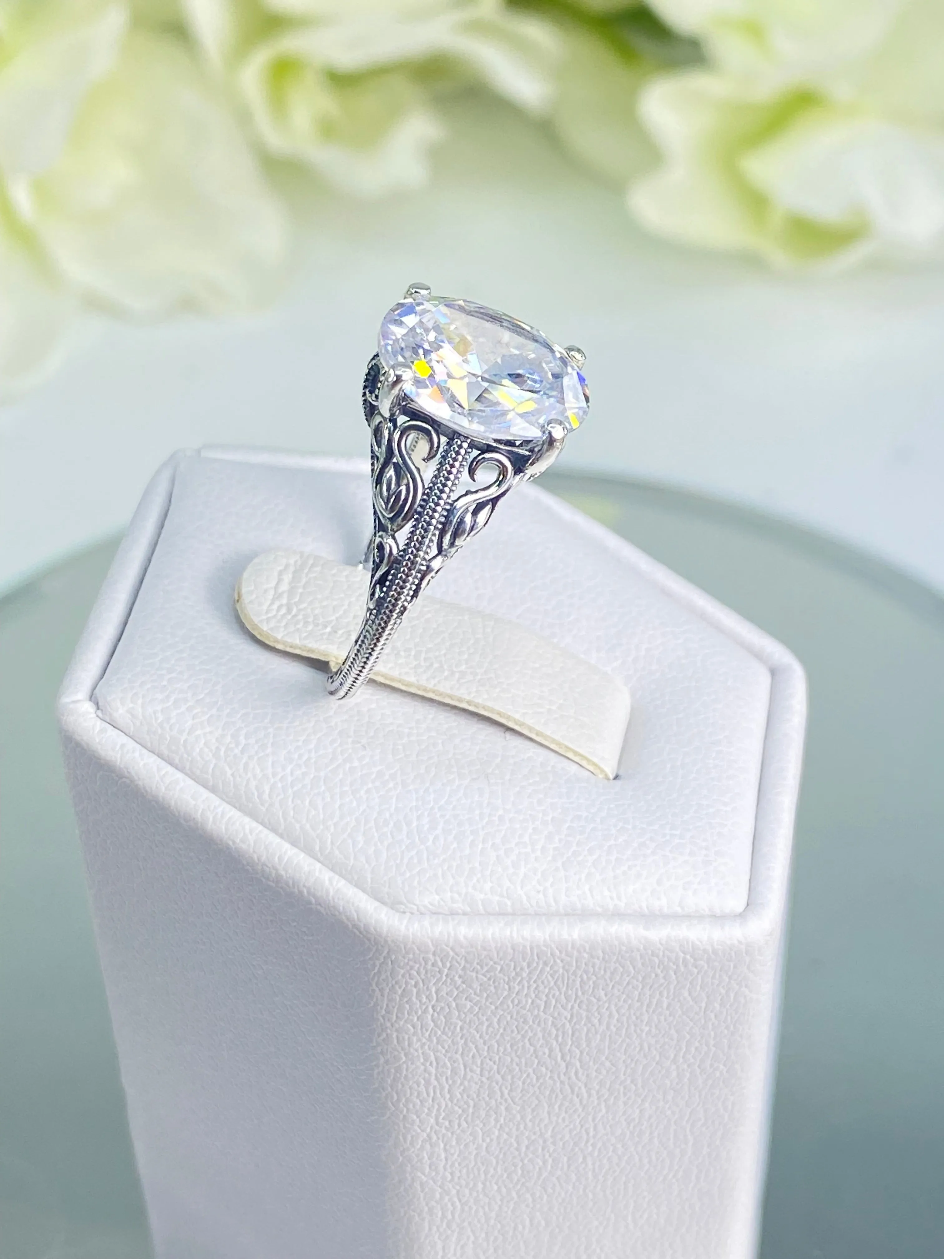 White CZ Ring, Swan Filigree, Art Deco Jewelry #D190