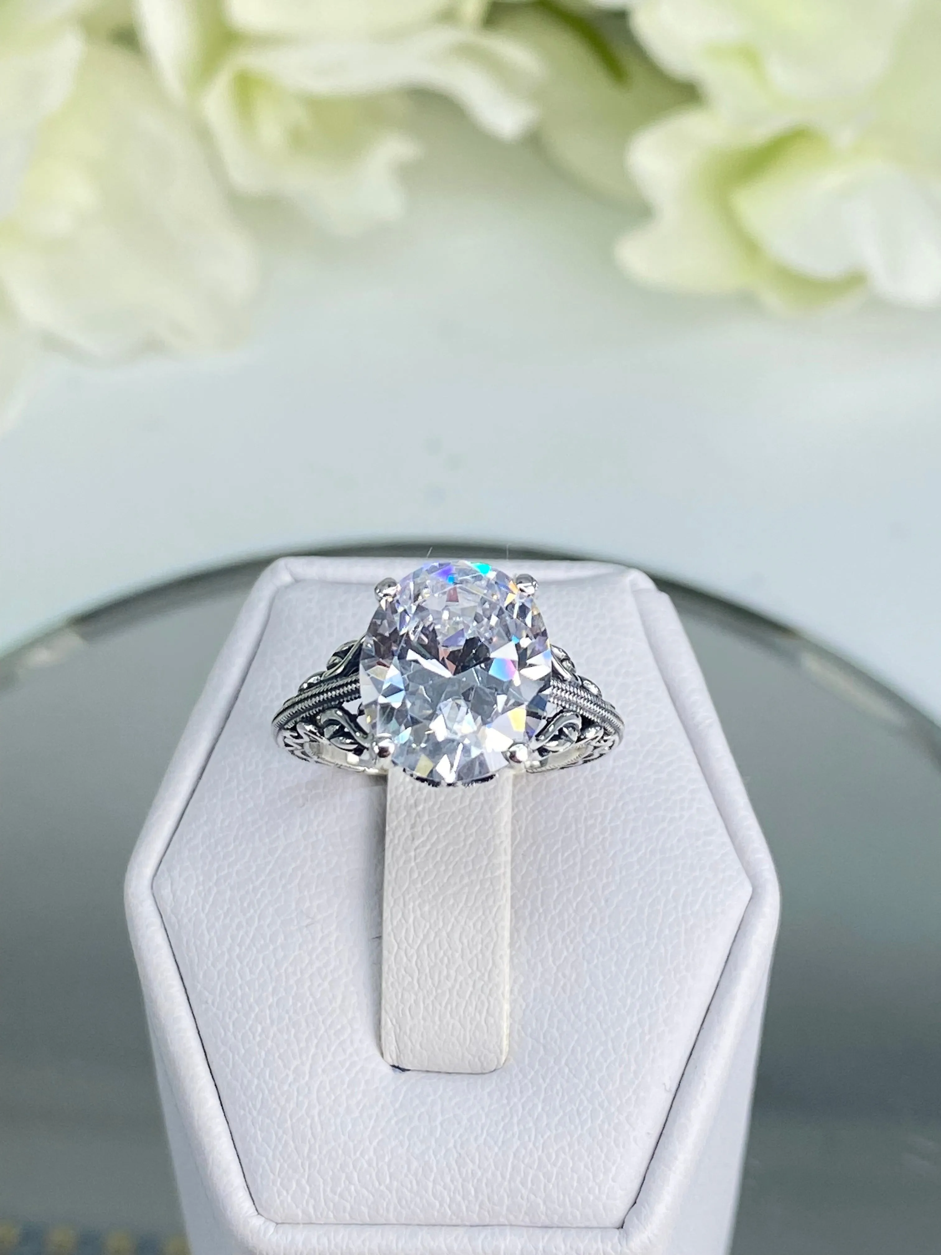 White CZ Ring, Swan Filigree, Art Deco Jewelry #D190