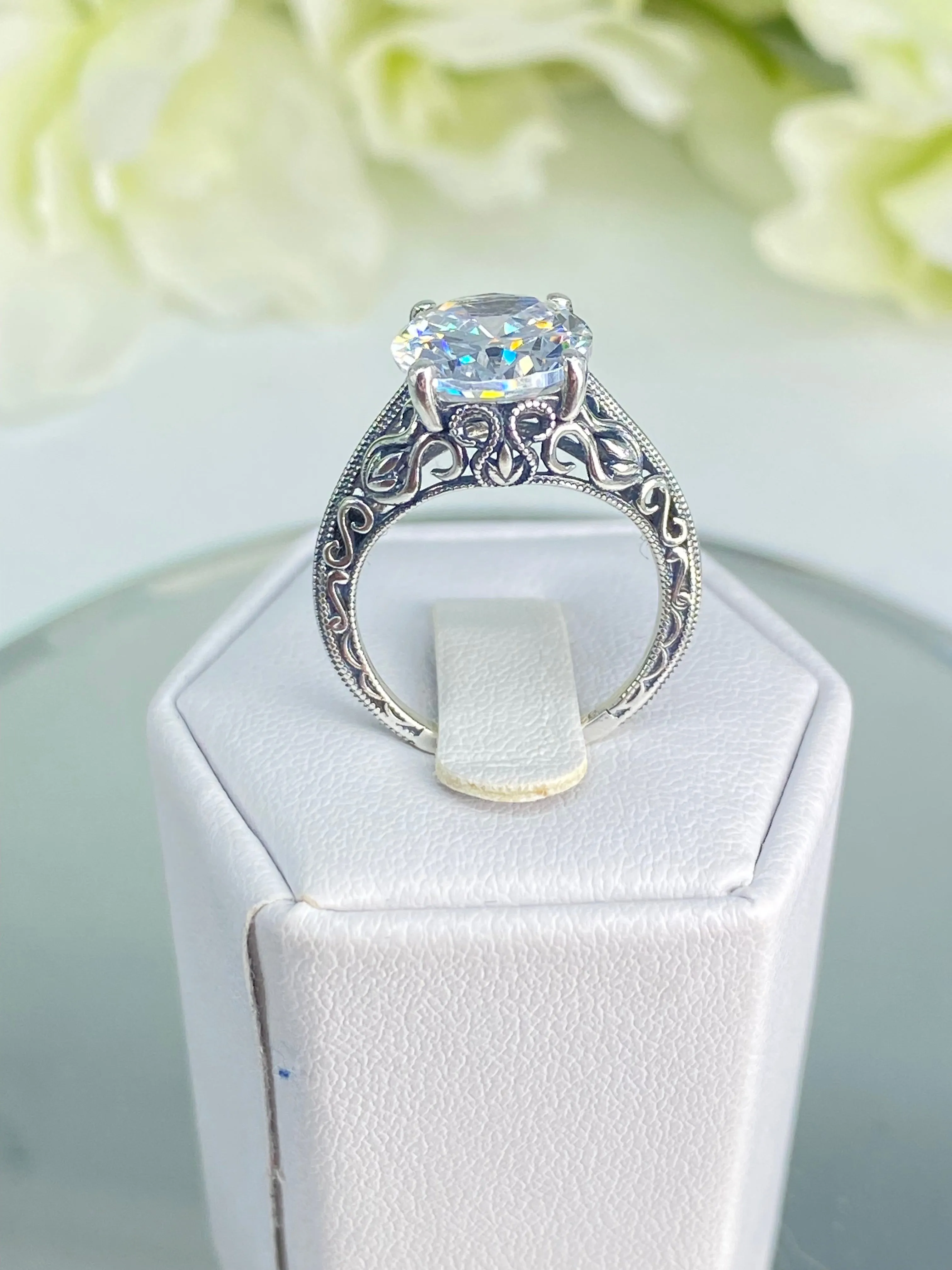 White CZ Ring, Swan Filigree, Art Deco Jewelry #D190