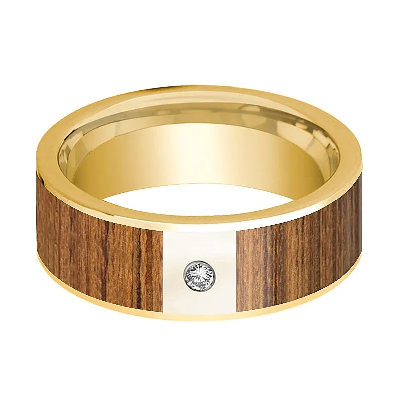 White Diamond & 14k Gold Wedding Band for Men with Teak Wood Inlay - 8MM