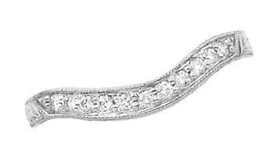 White Gold Art Deco Engraved Wheat Curved Diamond Wedding Band - 14K or 18K