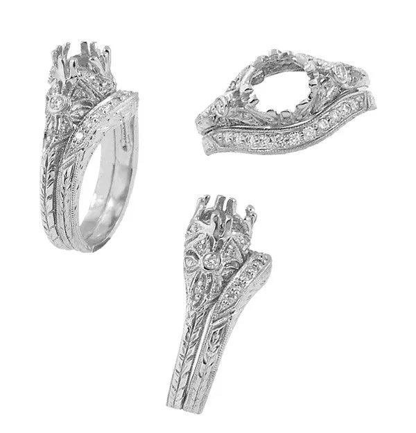 White Gold Art Deco Engraved Wheat Curved Diamond Wedding Band - 14K or 18K