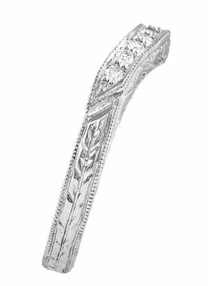 White Gold Art Deco Engraved Wheat Curved Diamond Wedding Band - 14K or 18K