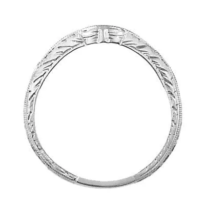 White Gold Art Deco Engraved Wheat Curved Diamond Wedding Band - 14K or 18K