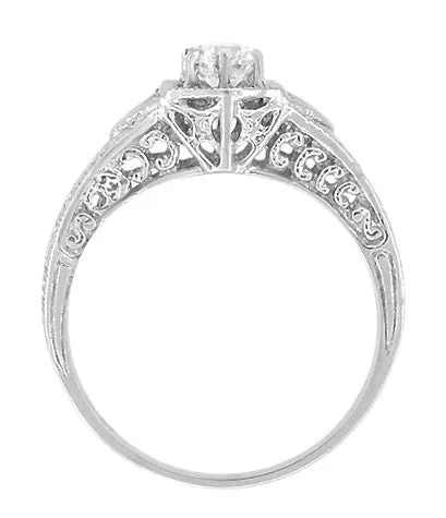 White Gold Art Deco White Sapphire Filigree Engraved Engagement Ring