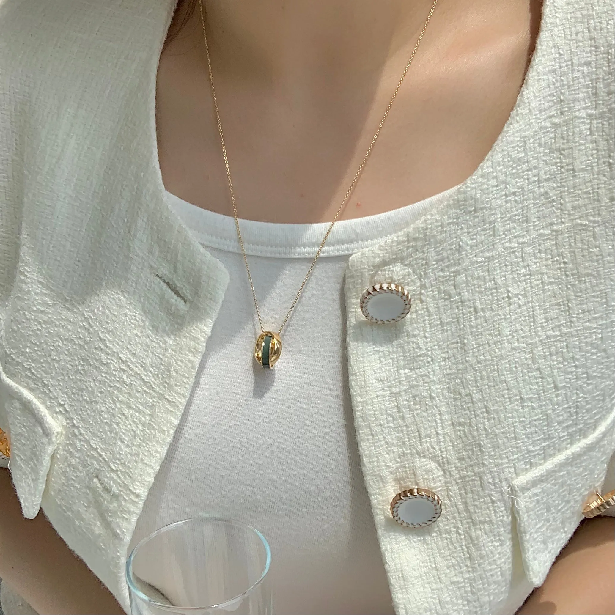 White Green Navy Interlocking Double Rings Pendant Necklace