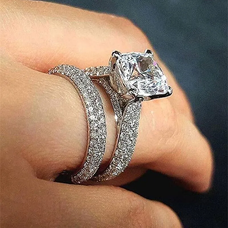 White Zircon Wedding Ring Set Silver for Women Band Jewelry