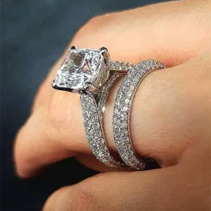 White Zircon Wedding Ring Set Silver for Women Band Jewelry