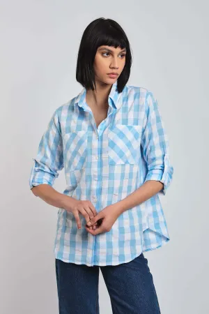 Women Blouse Checks Shirt With Long Sleeves Blue