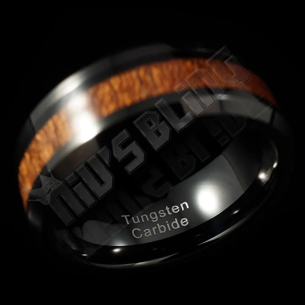 Wood Inlay Black Tungsten Carbide Ring 8MM