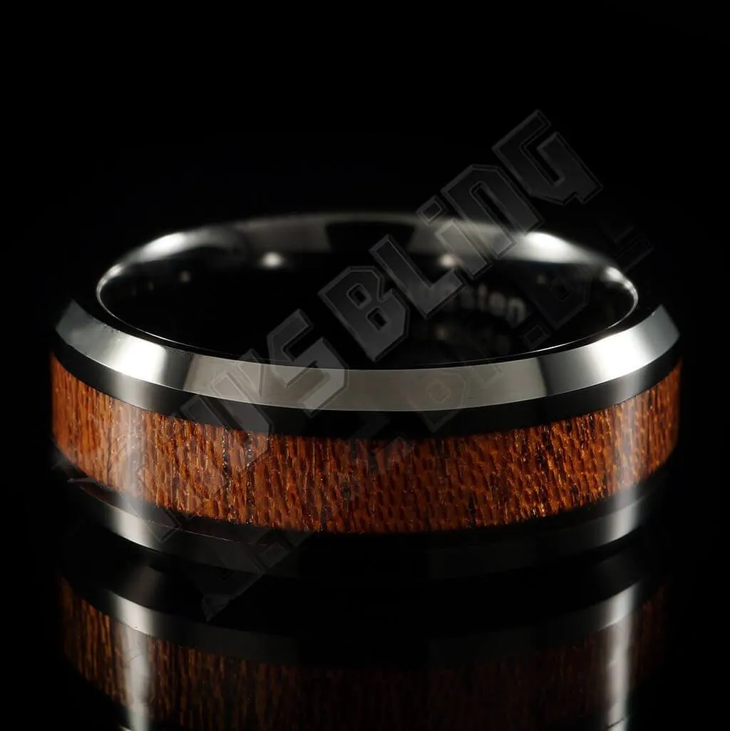 Wood Inlay Black Tungsten Carbide Ring 8MM
