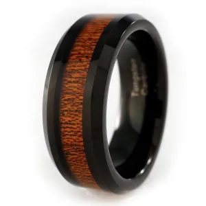 Wood Inlay Black Tungsten Carbide Ring 8MM
